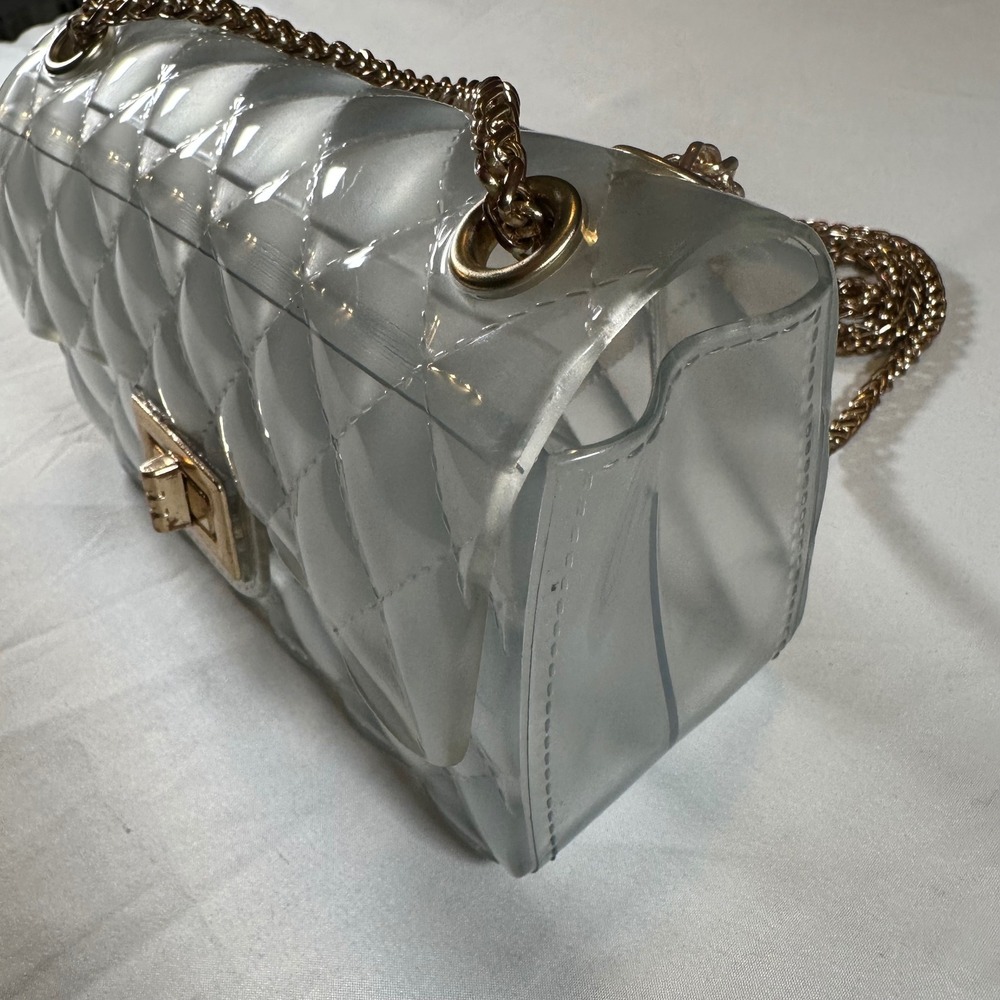 Clear Quilted Jelly Crossbody Mini Bag Shoulder Purse 6.25"x 4" Gold Chain Strap - Picture 4 of 10